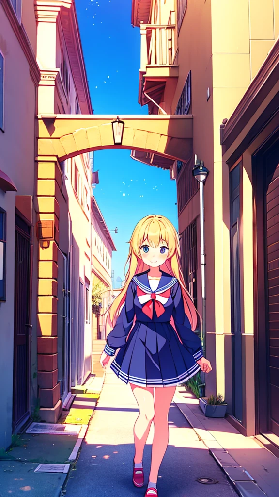(Masterpiece), Best Quality, City, sunlight, light particles, Light rays, 1 girl, blush, SMILE, wide, sailor uniform full body 