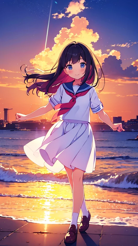 (Masterpiece), Best Quality, City, sunlight, light particles, Light rays, 1 girl, blush, SMILE, wide, sailor uniform full body 