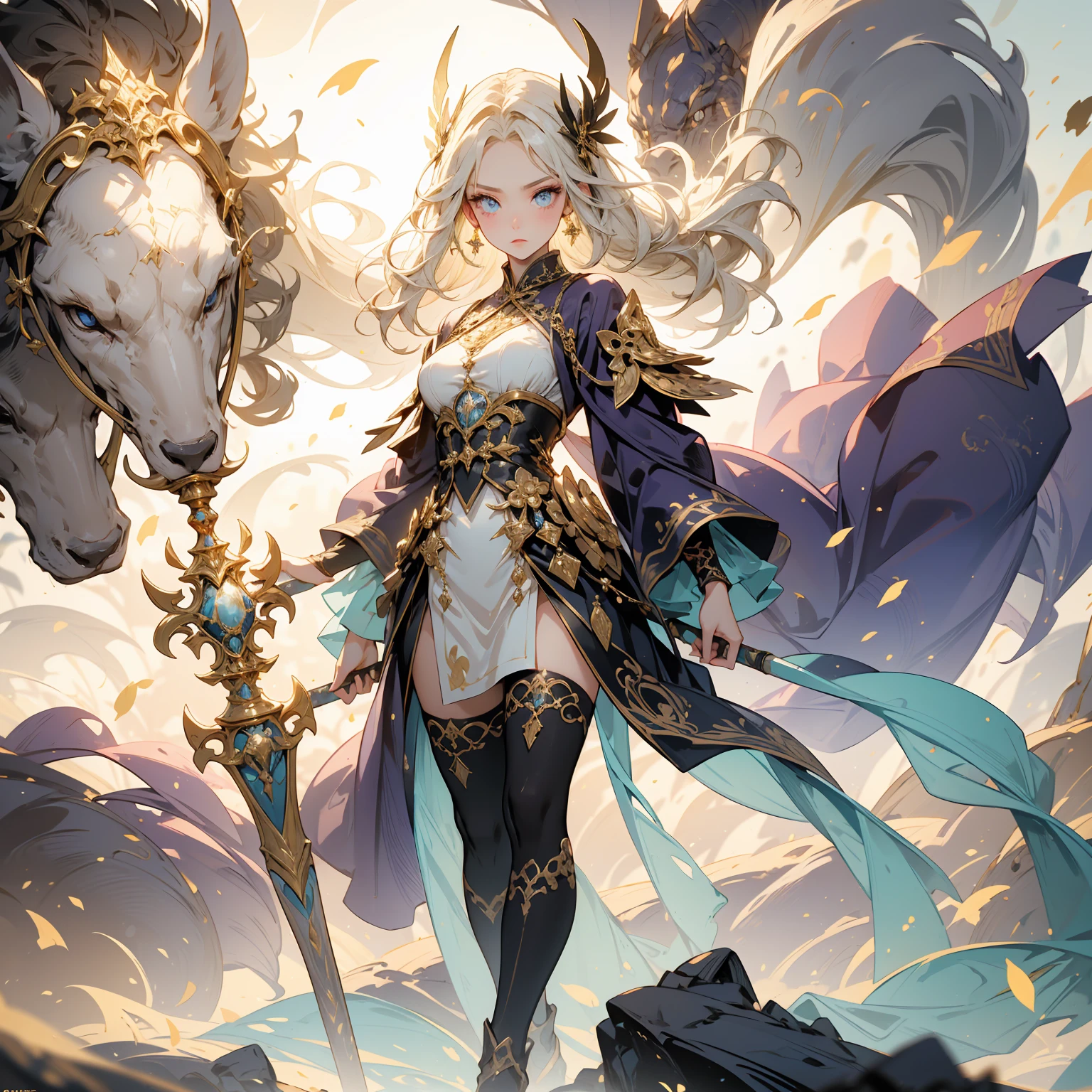 A stunning artwork of a majestic female character standing in an enchanting, mystical landscape. The full-body view showcases her in stylish and unique clothes of gold and purple, exuding an aura of elegance and power. Her long, flowing golden hair frames a face of regal beauty, highlighted by light blue eyes that radiate wisdom and an otherworldly charm. She holds a magic staff, intricately designed and glowing with mystical energy, adding to her majestic presence.
