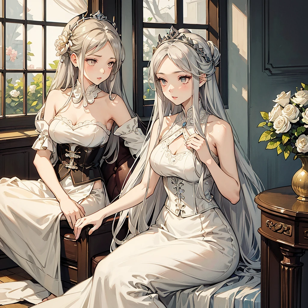 anime woman with very long silver hair, beautiful and attractive silver eyes, subtle makeup, with a blank expression and has a crown of flowers on her head, wearing an elegant beige sleeveless dress with a beige corset with 18th century lace detail, sitting in a traditional living room looking out of a window
