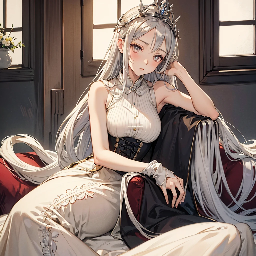 anime woman with very long silver hair, beautiful and attractive silver eyes, subtle makeup, with a blank expression and has a crown of flowers on her head, wearing an elegant beige sleeveless dress with a beige corset with 18th century lace detail, sitting in a traditional living room looking out of a window
