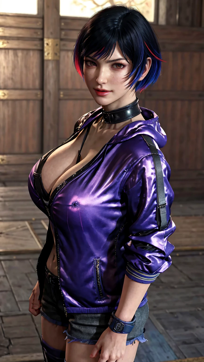 masterpiece, best quality, Tekken_reina, multicolored hair, halfling, big breasts, cleavage, looking at viewer,