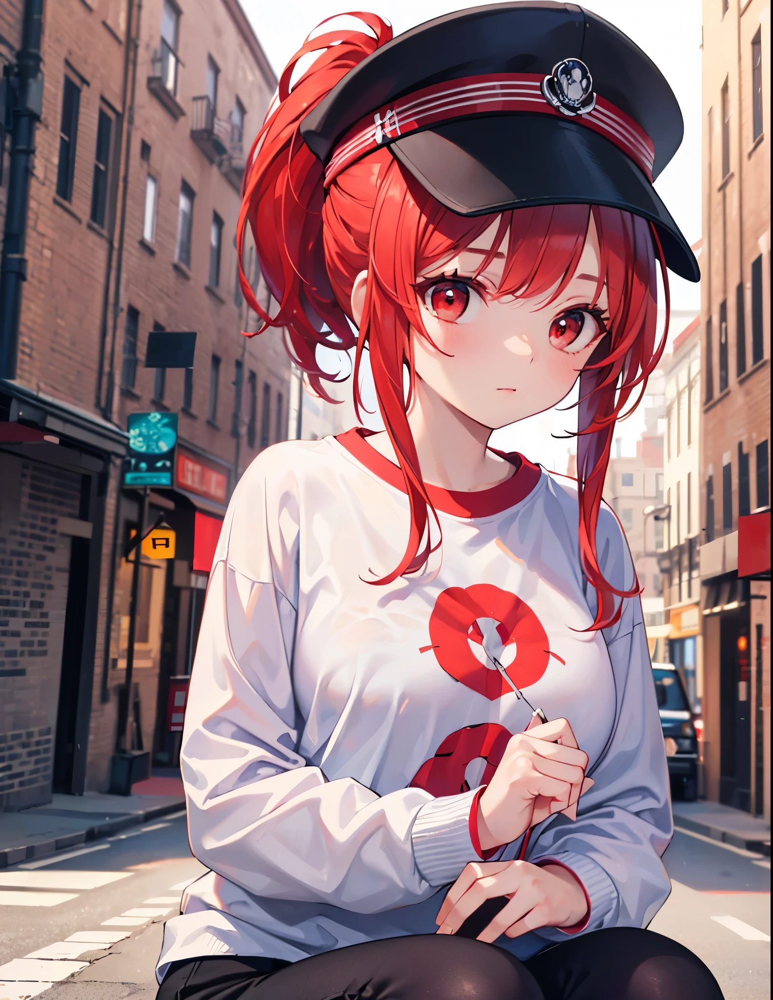 (Close-up:1.3),Realistic,Highest quality, Ultra Detail, High-quality CG rendering, The most delicate and beautiful, Floating softly, High resolution, (1 girl), (Highest quality,4K,8K,masterpiece:1.2),(All red hair:1.5), (ponytail:1.5),(Red eyes:1.5),(Slightly larger breasts:1.2), (White oversized long sleeve T-shirt:1.3),(Black skinny pants:1.3),(White cap:1.3),In the city,old buildings,(whole body:1.3),(White sneakers:1.2)