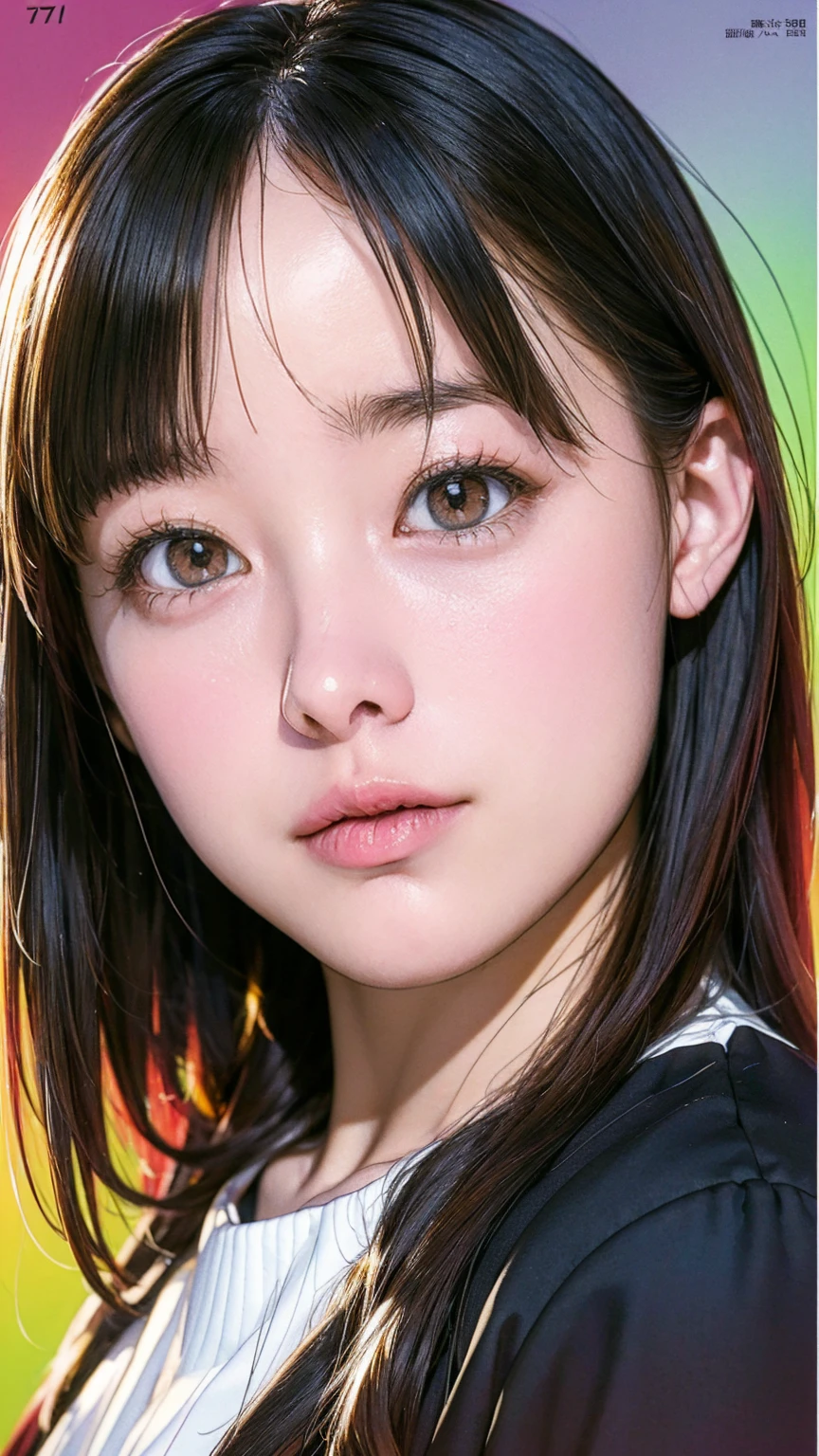 Beautiful 17 year old girl, Big round eyes, (Droopy eyes:1.2), An illustration, art, 70s horror movie posters, Supervised by Junji Ito、High detail, Realistic Shadows、Analog Style, chromatic aberration, Surrealism、Complementary Gradient