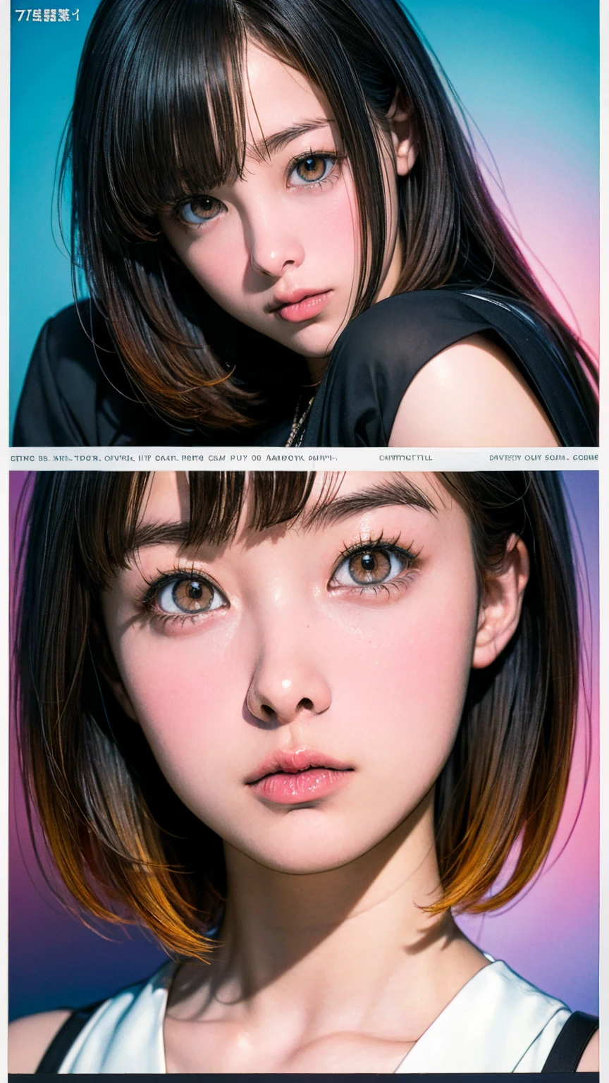 Beautiful 17 year old girl, Big round eyes, (Droopy eyes:1.2), An illustration, art, 70s horror movie posters, Supervised by Junji Ito、High detail, Realistic Shadows、Analog Style, chromatic aberration, Surrealism、Complementary Gradient