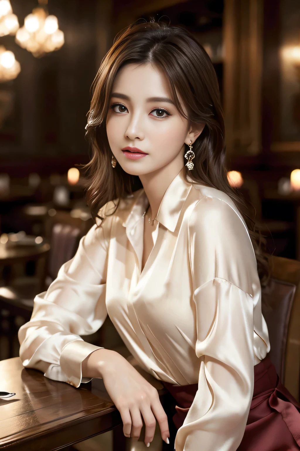 masterpiece, Highest quality, Realistic, Very detailed, Finer details, High resolution, 8k wallpaper, One beautiful woman, Wear an elegant silk shirt, In a great restaurant, At night, Light brown messy hair, Perfect dynamic composition, Beautiful and beautiful eyes、Big earrings、Sit on a chair、