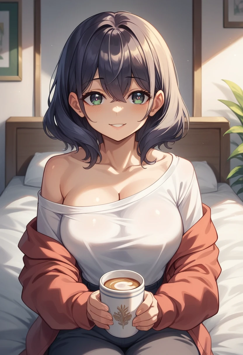 masutepiece, Best Quality, Illustration, Ultra-detailed, finely detail, hight resolution, 8K Wallpaper, Perfect dynamic composition, Beautiful detailed eyes,off shoulder clothes,,Medium Hair, C Cup Breast Natural Color Lip, Bold sexy poses,Smile,Harajuku、20 years girl、Cute、Sexy shot looking at camera,On the bed