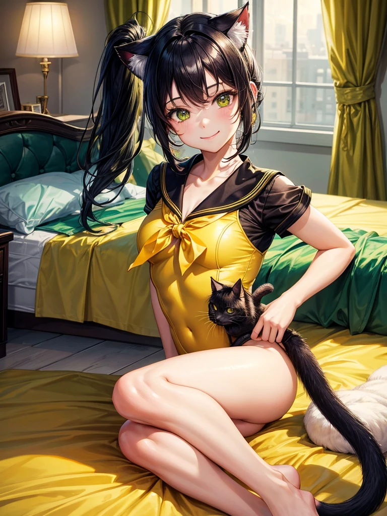 Highest quality,High resolution,１People Girl,whole body,fine,smile,looking at the camera,Bedroom,Dazzling lighting,ponytail,Black Hair,Yellow-green eyes,Sailor Leotard,beautiful girl,Cat ear,Cat tail,