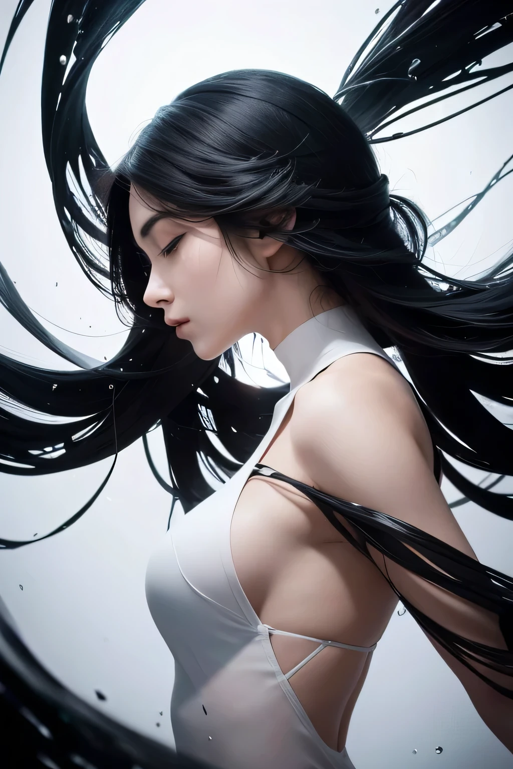 Sure, here is a detailed prompt for the image in English:
---
The image features a young woman with shoulder-length black hair standing against a two-toned background. The background is split vertically with the left side in a deep black and the right side in a light gray. The contrast between these colors creates a striking visual effect that draws the viewer's attention to the central figure.
The woman is positioned in profile, facing to the left. Her eyes are closed, and her expression is calm and serene, suggesting a moment of introspection or meditation. She is dressed in a white garment that appears to be disintegrating or merging with the background in an abstract manner.
From the left side of her body, black liquid-like splashes seem to emerge and blend into the dark background. These black splashes create a dynamic and somewhat chaotic effect, as if she is dissolving into the darkness. On the right side, contrasting white splashes emanate from her body, merging into the light gray background. This side appears more fluid and ethereal, giving a sense of purity and lightness.
The interplay between the black and white elements, combined with the woman's calm demeanor, creates a powerful representation of duality and balance. The abstract splashes add an element of movement and transformation, as if she is caught in the process of changing states or merging with her surroundings.
The overall composition is minimalist yet deeply expressive, utilizing color contrast and abstract forms to convey a sense of inner peace, transformation, and the coexistence of opposites. The image invites viewers to contemplate themes of identity, duality, and the fluid nature of existence.