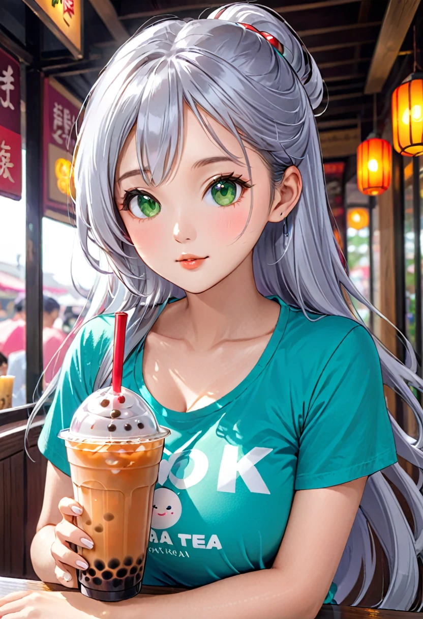 Pretty asian woman, bright silver hair, long hair, green eyes, tshirt, perfect face, busty, drinking boba tea