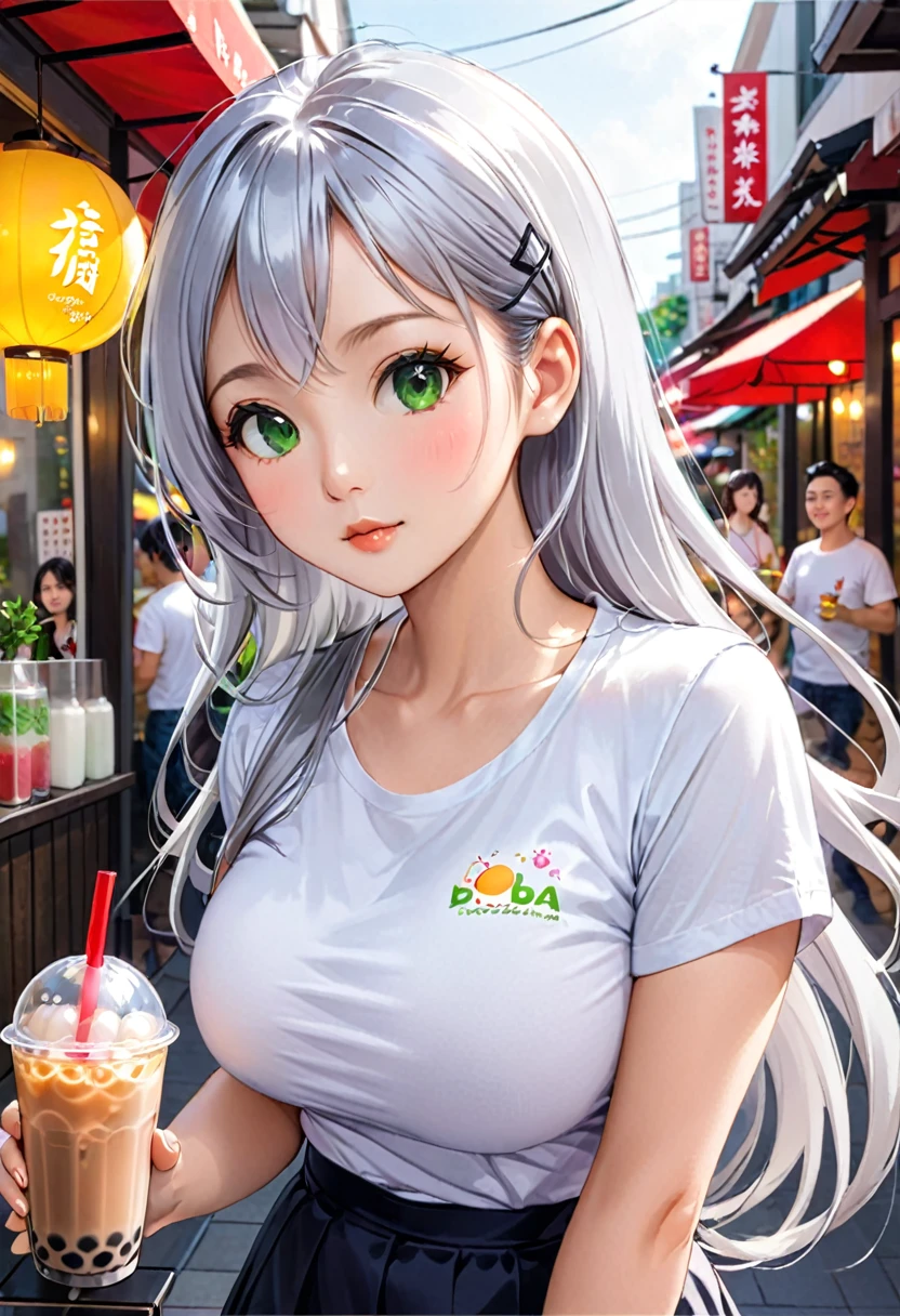 Pretty asian woman, bright silver hair, long hair, green eyes, tshirt, perfect face, busty, drinking boba tea