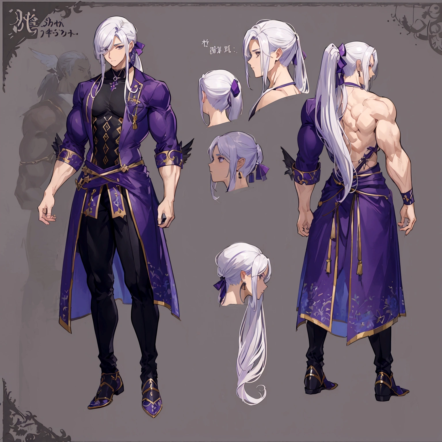 (Masterpiece, best quality), detailed, 1 man, ((character concept art)), ((character design sheet, same character, front, side, back)), full body, body complete, 1 Male, 1 Man, Detailed face, character design sheet,full bodyesbian, Highly detailed, character sheet, character design, Many parts, dark skin, angel wings, long ponytail purple hair, angel outfit, muscle male god, male clothes, masculine, muscle man, male muscle, manly, male angel, Muscle male with purple long ponytail hair,beautiful man