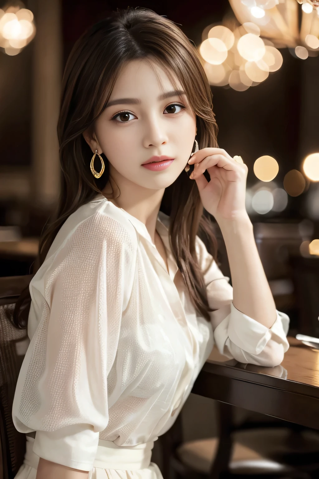 masterpiece, Highest quality, Realistic, Very detailed, Finer details, High resolution, 8k wallpaper, One beautiful woman, Wear an elegant see-through shirt, In a great restaurant, At night, Light brown messy hair, Perfect dynamic composition, Beautiful and beautiful eyes、Big earrings、Sit on a chair、