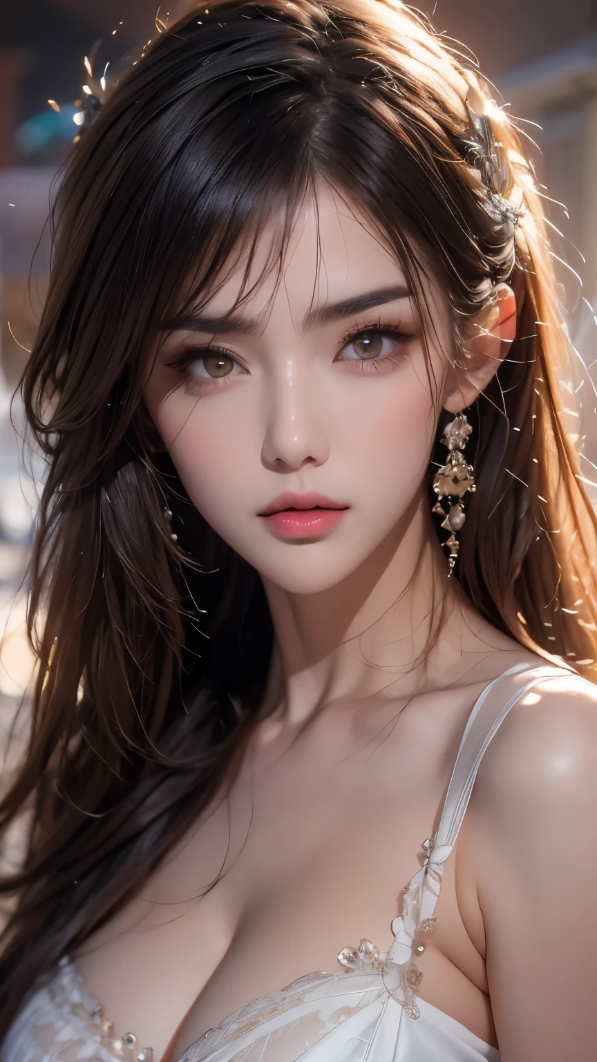masterpiece, best quality, RAW photos, high resolution, hyper-detailing, Focus on the face, looking at viewer, Detailed eyebrows, realistic beautiful eyes, realistic glossy skin, straight Bangs, realistic movie lighting, detail shaded, high contrast, Slender, big boob, Big breasts, Exposed cleavage, nsfw, Sexy face, Facial expressions when receiving pleasure, ((Dark background)),