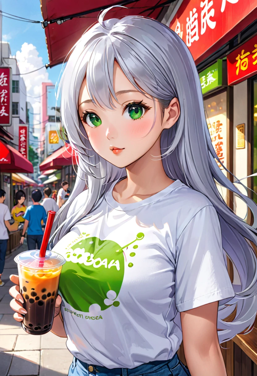 Pretty asian woman, bright silver hair, long hair, green eyes, tshirt, perfect face, busty, drinking boba tea, anime style