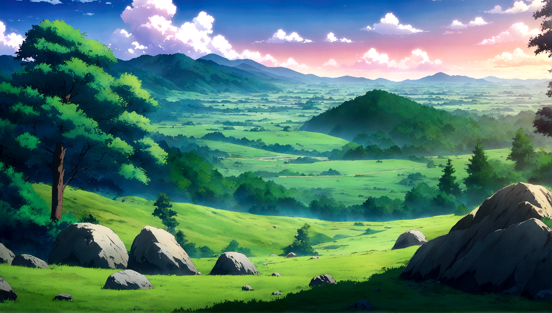 anime - style painting of a tree in a grassy field with rocks, anime countryside landscape, anime landscape, anime landscape wallpaper, anime background art, beautiful anime scenery, anime background, anime beautiful peace scene, anime scenery, anime movie background, anime nature, anime scenery concept art, colorful anime movie background, beautiful anime scene, anime scene, beautiful landscape background