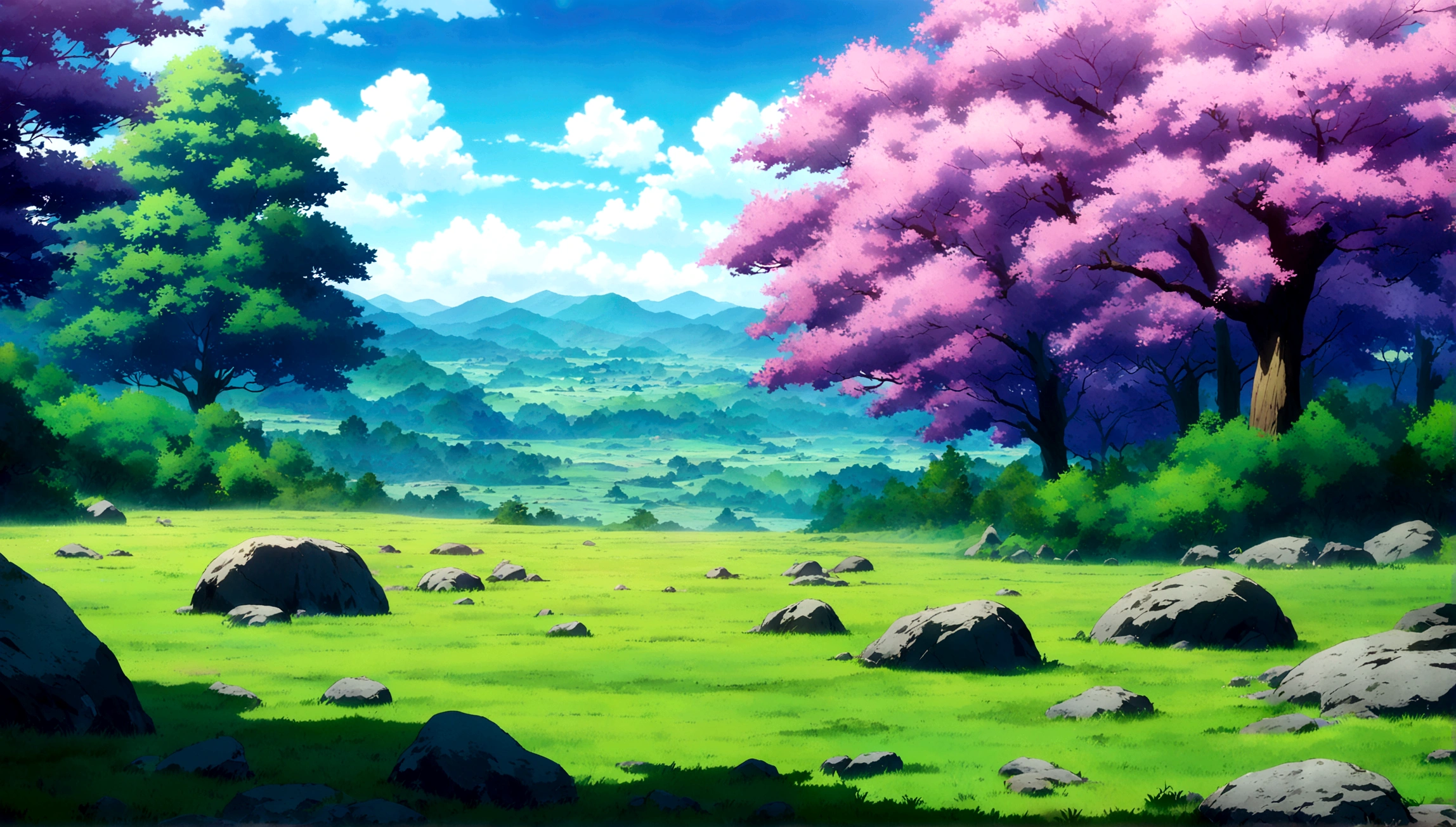 
anime - style painting of a tree in a grassy field with rocks, anime countryside landscape, anime landscape, anime landscape wallpaper, anime background art, beautiful anime scenery, anime background, anime beautiful peace scene, anime scenery, anime movie background, anime nature, anime scenery concept art, colorful anime movie background, beautiful anime scene, anime scene, beautiful landscape background