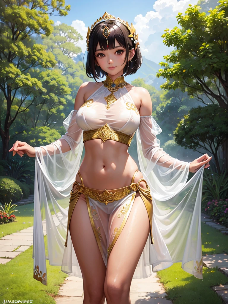A Masterpiece, Highest quality. Photorealism style oil painting of a Stunning Beauty Javanese Little Princess, about 9 years old. Shyly smile. Short hair. Wearing white croptop see-through transparent thin dress and see-through transparent thin mini skirt with slits. ????????????. Traditional Javanese golden tiara. Beautiful shoulders, beautiful ???????????, sideboobs, underboobs, beautiful belly, beautiful waist, beautiful thighs, beautiful legs. Javanese Imperial Park in the background. HD image, full body image, wide image, top to toes, very detailed ???????, very detailed background.
