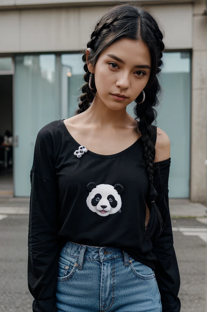 Black hair in two braids, wearing panda accessories on the left shoulder, wearing a black long-sleeved shirt, wearing jeans