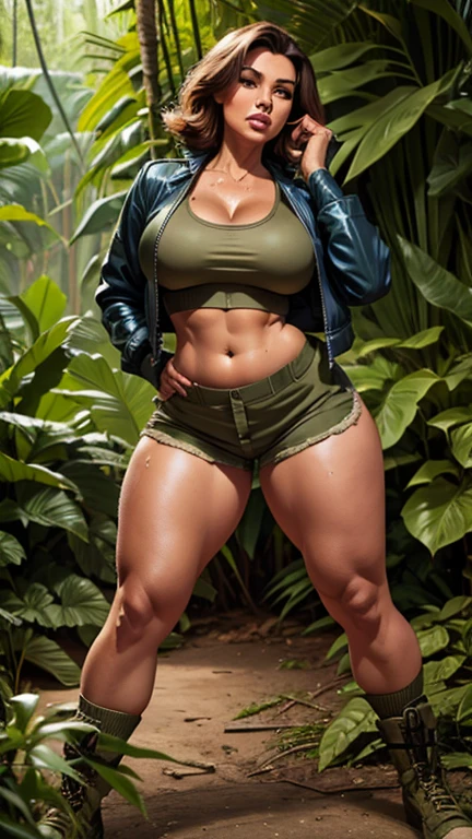 55 years old army woman, shorts, open jacket with crop top, attitude pose, voluptuous body, slim waist, large breasts, thick bust, thick thighs, full body, bob length hair, sweating, in jungle