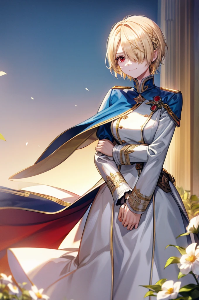 ((masterpiece:1.2、Highest quality))、1 female、((Blonde Short Hair))、Red eyes、Long eyelashes、White suit、Fantasy、uniform、Royalty、garden、Blooming Flowers、sunlight、Fantastic Light and Shadow、Scenery of the Royal Palace、Highly detailed face、Invincible Smile、Dynamic depiction、Tホテルのmasterpiece,Highest quality,As-、Short, straight, dark yellow hair,shirt, half-naked,Dressed in strict royal attire, White and gold royal outfit, Beautiful anime poses, A beautiful feminine face、Medium Breast、Center Section、amount、Sexy、expensive、Handsome、Beautiful shape、Best Style、Cool look、Model pose、(Barrette)、(((Hair on one eye)))、(((One eye is hidden by hair)))、(((Blonde Short Hairー))),(Red eyes)、Mao Sen Moon Song、