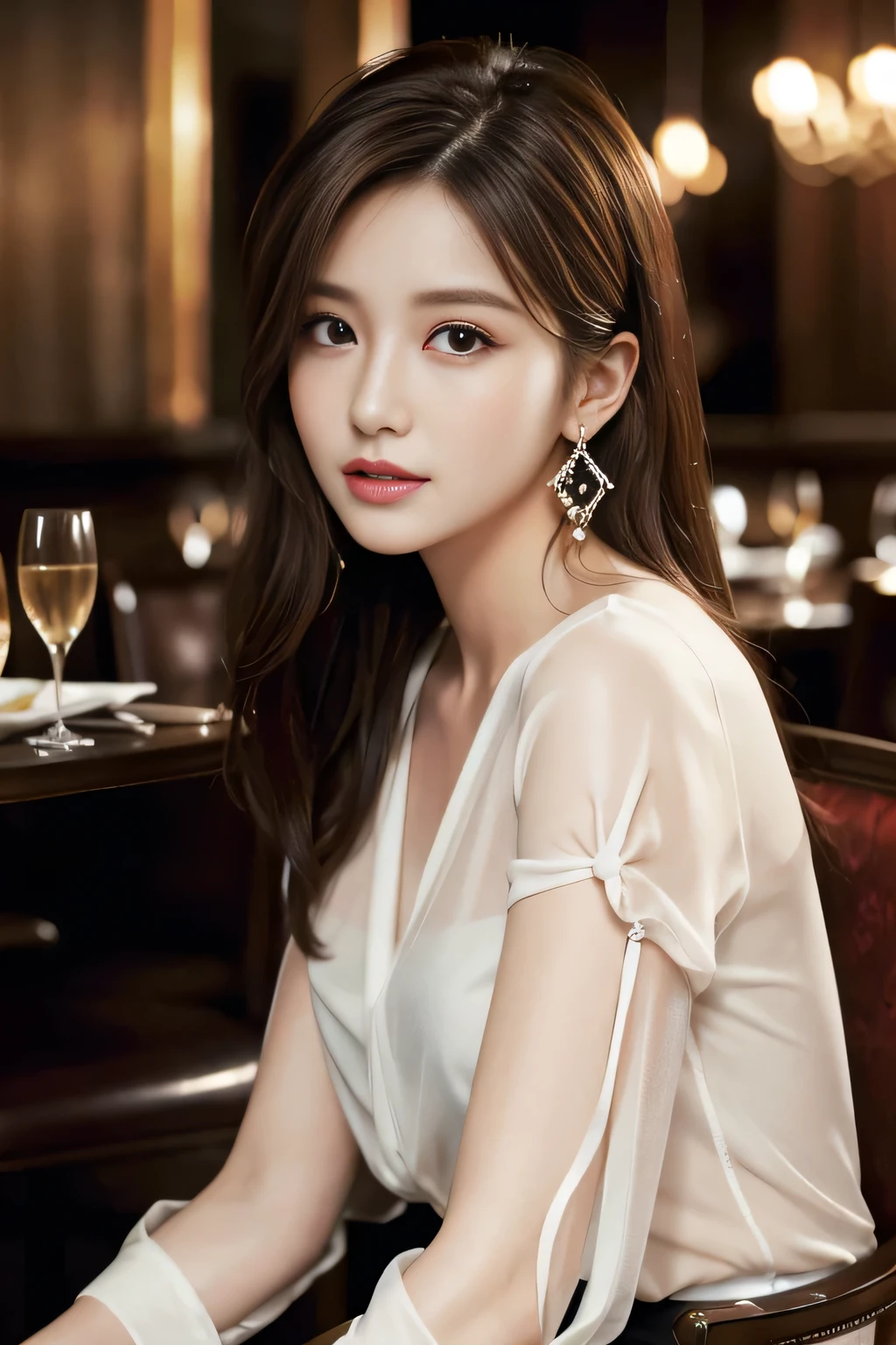 masterpiece, Highest quality, Realistic, Very detailed, Finer details, High resolution, 8k wallpaper, One beautiful woman, Wear an elegant see-through shirt, In a great restaurant, At night, Light brown messy hair, Perfect dynamic composition, Beautiful and beautiful eyes、Big earrings、Sit on a chair、