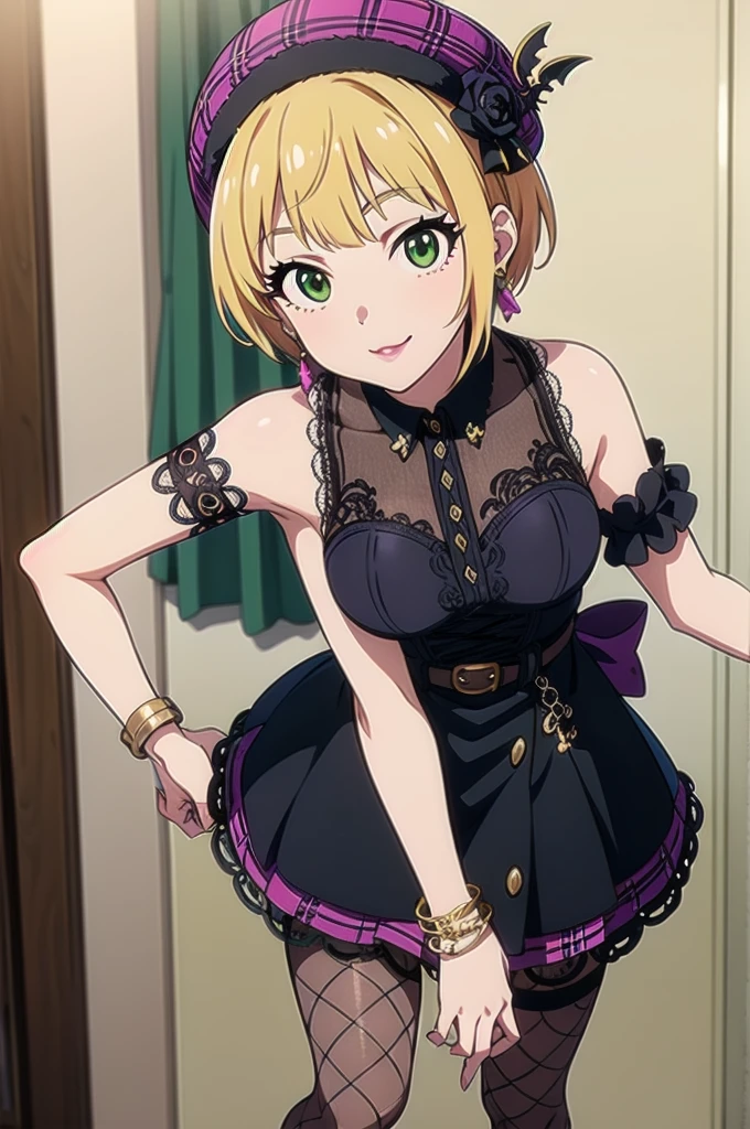 Humphrey, Blonde, short hair, Green Eyes, alone, (, zettai ryouiki)), smile, Pink Lips, Are standing, masterpiece, Highest quality, High resolution, Humphrey, Blonde, Braiding, beret, Black Hat, Earrings, Bracelet, Plaid, Bare shoulders, Black Bow, Black Dress, Wrist cuff, bracelet, belt, Fishnet tights, Idolmaster Cinderella Girls, Hospital room, Sharp contours, Short sleeve, Highest quality, masterpiece、Blacknee-length socks:1.4）Micro Mini Skirt Alley, inquiry, Talk to your audience、 口を閉じて Are Are standing、View Audience,, tattoo, High heels, but, （Dark purple lipstick、Purple lips、Highlight the face、、（Dark purple lipstick、Purple lips）Purple eyes, Purple lips、Leather Micro Mini Skirt、Are standing、