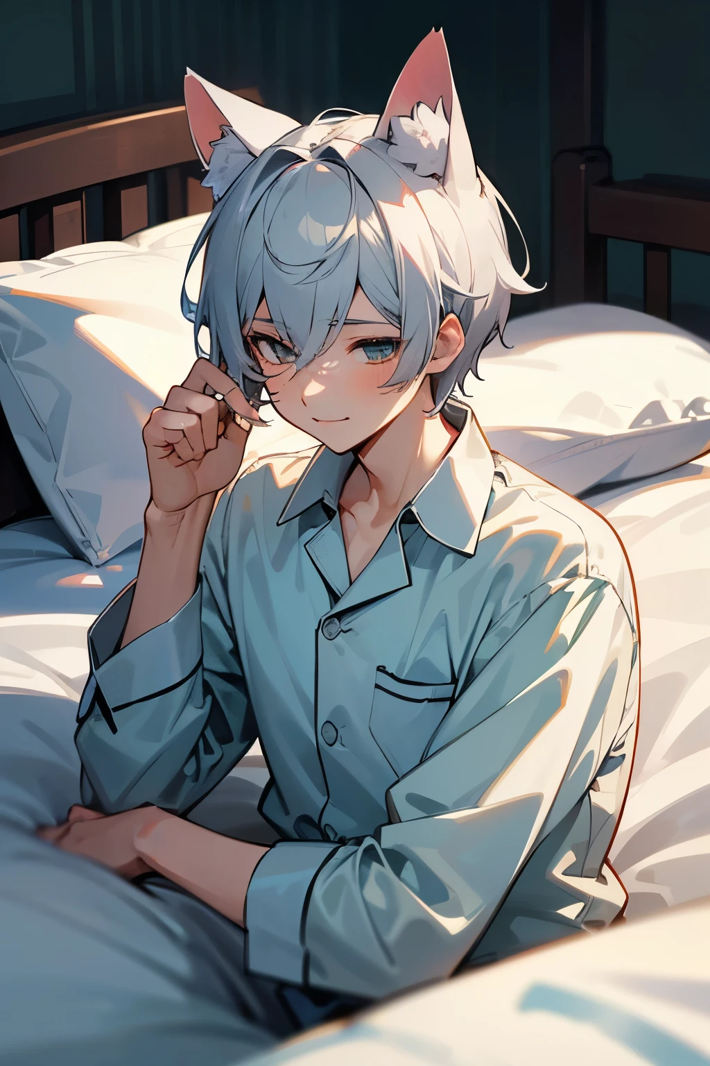 超High resolution, retina, masterpiece, Accurate, Anatomically correct, Rough skin, Very detailed, Advanced Details, high quality, Awards, 最high quality, High resolution, High resolution, 4K,(anime,8k,masterpiece, 最high quality, 最high quality,beautifully、beautiful:1.2,Professional Illustration:1.1,Very detailed:1.3,Perfect lighting),Very detailed,Most detailed,High resolution,(boy:1.3),Cat ear,Silver Hair,short hair,Wicked Smile,Upper Body,pajamas,bed,