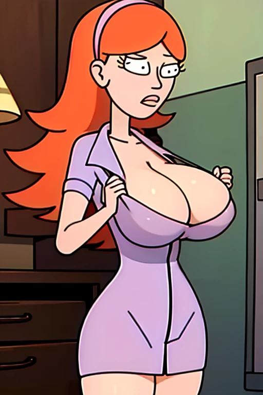 Jessica has large breasts and she is unzipping her clothes 