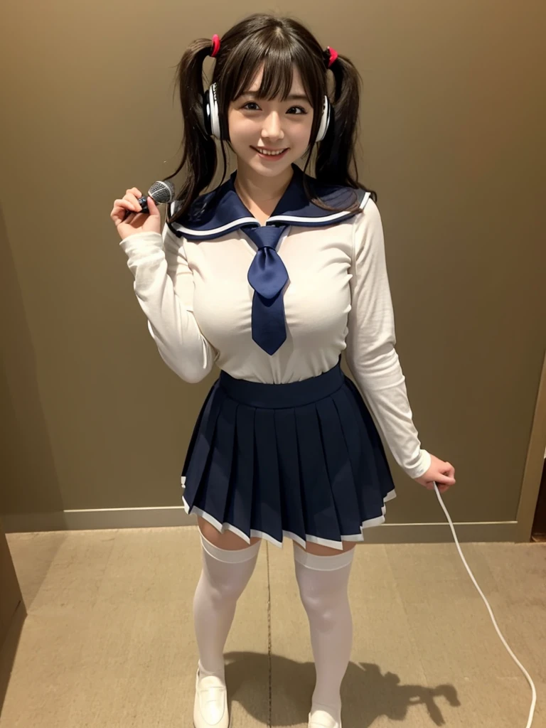 best quality, masterpiece, realistic, photorealistic, 1girl, solo, looking at viewer, smile, standing, full body, arms at side, cosplay, BLACK hair, twintails, hair ornament, very short hair, headphones, alternate costume, , sailor collar, shirt, long sleeves, necktie, skirt, pleated skirt, white thighhighs, loafers, simple background, Japanese women、24-years-old、The background is a pure white room、Singing on a microphone、bangs are long