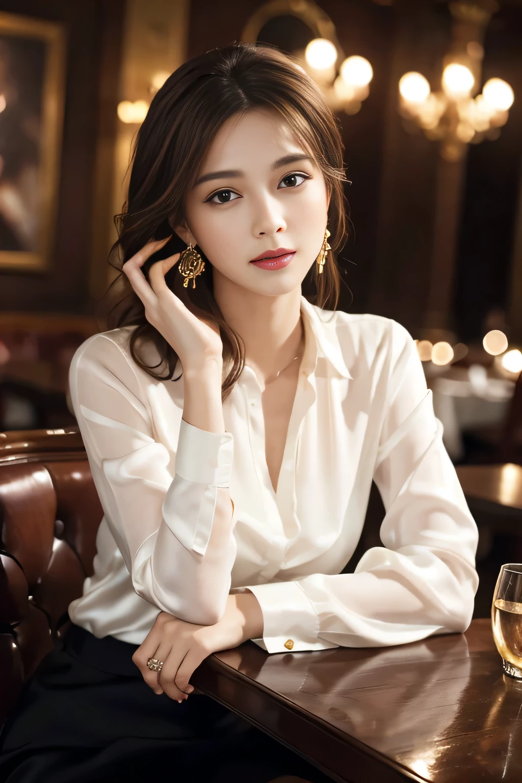 masterpiece, Highest quality, Realistic, Very detailed, Finer details, High resolution, 8k wallpaper, One beautiful woman, Wear an elegant silk shirt, In a great restaurant, At night, Light brown messy hair, Perfect dynamic composition, Beautiful and beautiful eyes、Big earrings、Sit on a chair、
