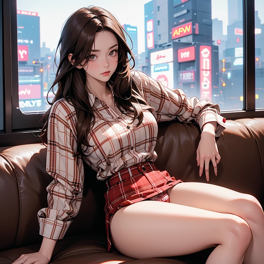 girl, long brown hair, white and red plaid shirt with top buttons open, part of her medium breasts showing, thick thighs, only wearing panties, sitting on the sofa in her cyberpunk room, in the neon billboard window at night;