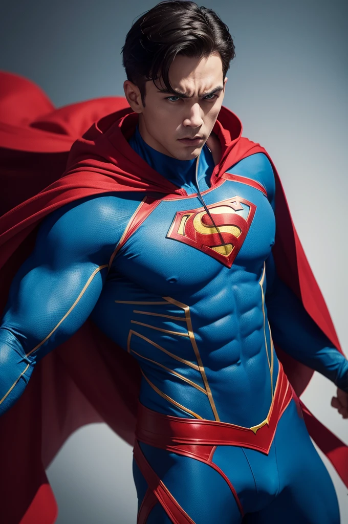 Man, superhero, strong, blue costume with red cape