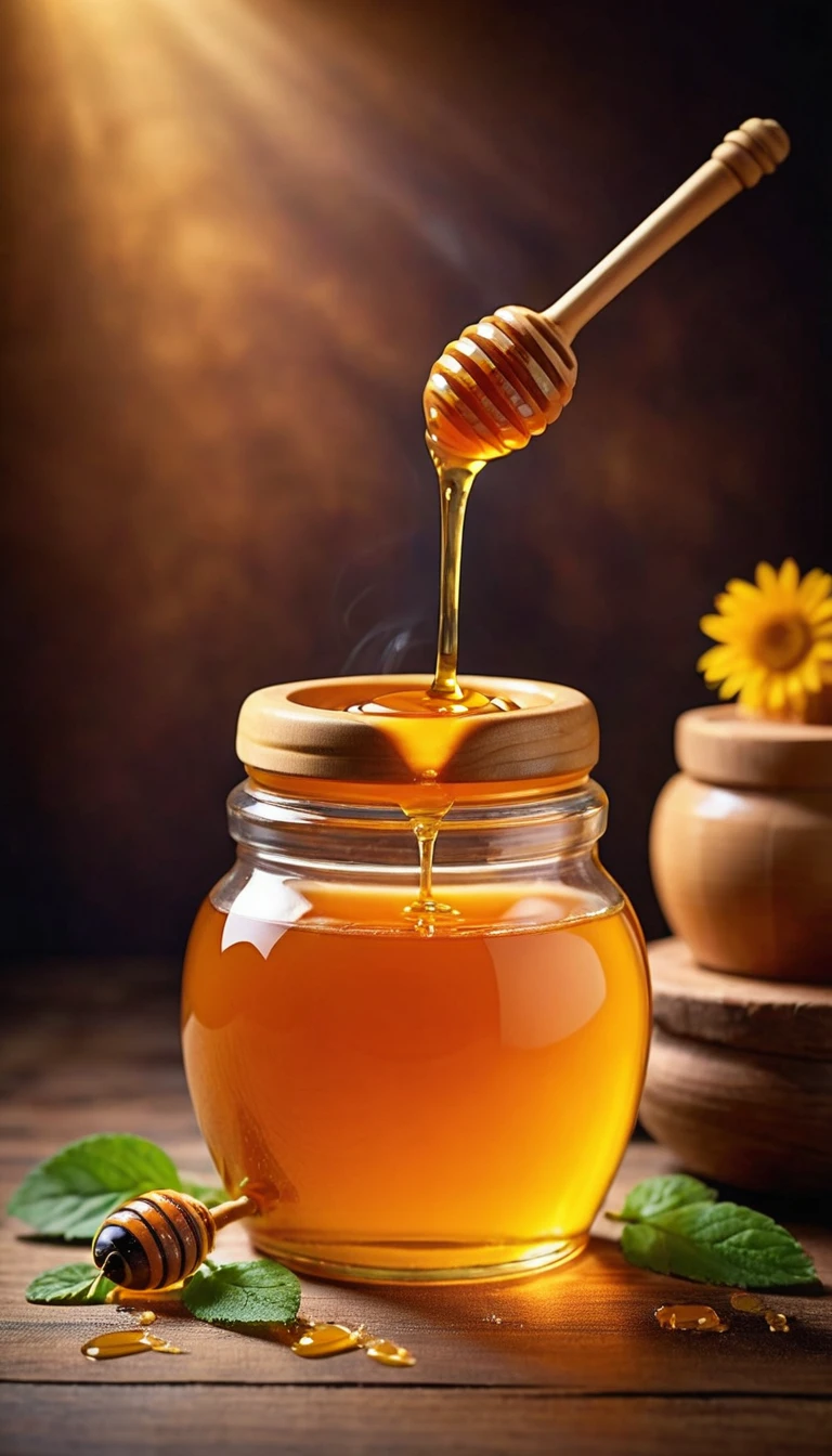 Create a clear, high-resolution image of a transparent honey jar suitable for use as an advertising poster background. Detailed specifications for the image:

resolution: the image must be in high resolution, with at least 300 dpi to ensure print quality.
format: Preferably in format 16:9 ou 4:3, with minimum dimensions of 4000x3000 pixels.
focusing: The honey pot must be perfectly focused, with extreme clarity in the details of the pot and honey.
composition: Center the jar of honey in the image, but leave enough space around it to allow for adding text and other graphic elements to the poster.
fund: Use a neutral background, like a light wooden surface or a white marble table, to highlight the honey pot without distracting attention.
lighting: Lighting should be soft and natural, avoiding harsh shadows. Use soft side light to highlight the texture and color of the honey.
angle: Capture the photo from a slightly elevated angle (about 30-45 degrees) to show the surface of the honey inside the pot and the shape of the pot itself.
Additional Detail: Make sure the jar of honey has a visible lid and the honey inside the jar has a viscous, shiny appearance, reflecting light attractively.
enviroment: The environment must convey a feeling of artisanal quality, with attention to detail and a rustic touch.