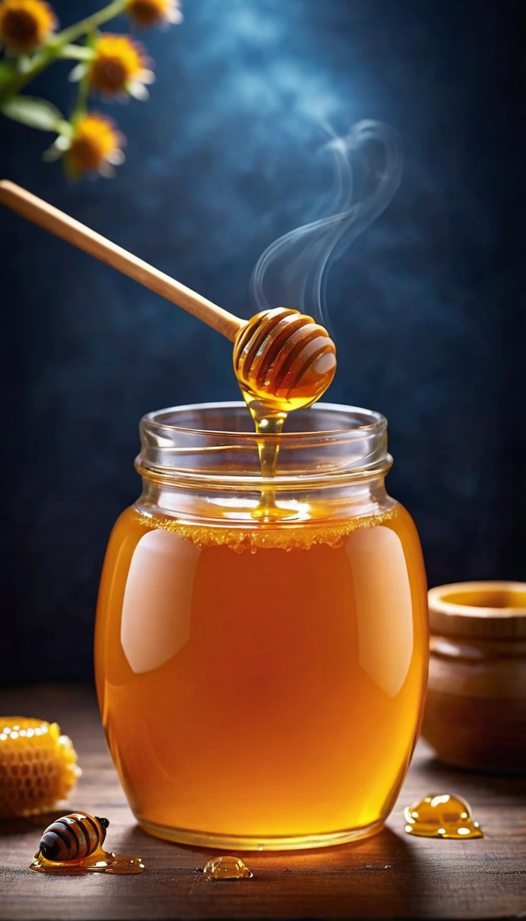 Create a clear, high-resolution image of a transparent honey jar suitable for use as an advertising poster background. Detailed specifications for the image:

resolution: the image must be in high resolution, with at least 300 dpi to ensure print quality.
format: Preferably in format 16:9 ou 4:3, with minimum dimensions of 4000x3000 pixels.
focusing: The honey pot must be perfectly focused, with extreme clarity in the details of the pot and honey.
composition: Center the jar of honey in the image, but leave enough space around it to allow for adding text and other graphic elements to the poster.
fund: Use a neutral background, like a light wooden surface or a white marble table, to highlight the honey pot without distracting attention.
lighting: Lighting should be soft and natural, avoiding harsh shadows. Use soft side light to highlight the texture and color of the honey.
angle: Capture the photo from a slightly elevated angle (about 30-45 degrees) to show the surface of the honey inside the pot and the shape of the pot itself.
Additional Detail: Make sure the jar of honey has a visible lid and the honey inside the jar has a viscous, shiny appearance, reflecting light attractively.
enviroment: The environment must convey a feeling of artisanal quality, with attention to detail and a rustic touch.