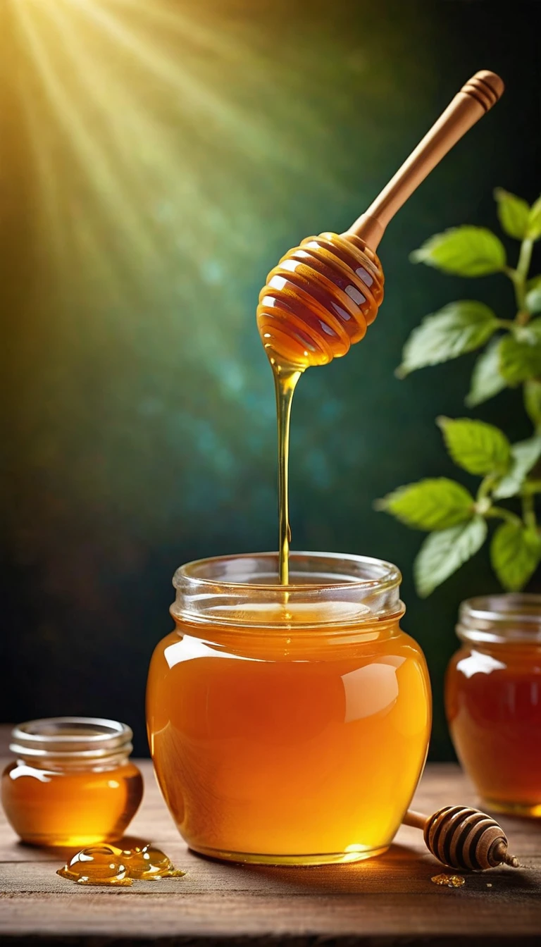 Create a clear, high-resolution image of a transparent honey jar suitable for use as an advertising poster background. Detailed specifications for the image:

resolution: the image must be in high resolution, with at least 300 dpi to ensure print quality.
format: Preferably in format 16:9 ou 4:3, with minimum dimensions of 4000x3000 pixels.
focusing: The honey pot must be perfectly focused, with extreme clarity in the details of the pot and honey.
composition: Center the jar of honey in the image, but leave enough space around it to allow for adding text and other graphic elements to the poster.
fund: Use a neutral background, like a light wooden surface or a white marble table, to highlight the honey pot without distracting attention.
lighting: Lighting should be soft and natural, avoiding harsh shadows. Use soft side light to highlight the texture and color of the honey.
angle: Capture the photo from a slightly elevated angle (about 30-45 degrees) to show the surface of the honey inside the pot and the shape of the pot itself.
Additional Detail: Make sure the jar of honey has a visible lid and the honey inside the jar has a viscous, shiny appearance, reflecting light attractively.
enviroment: The environment must convey a feeling of artisanal quality, with attention to detail and a rustic touch.