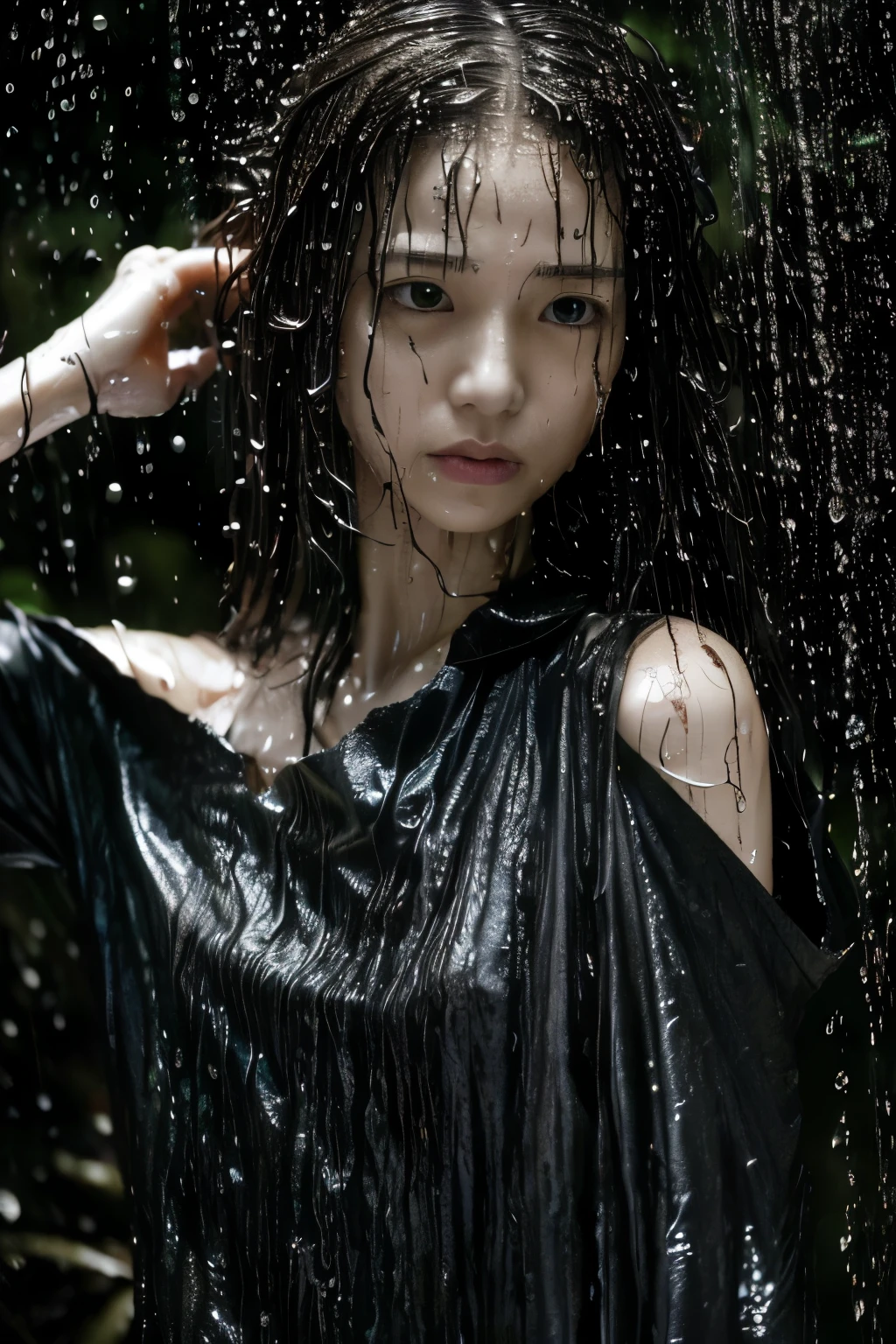 Best Image Quality, masterpiece, Ultra high resolution, (loyalty :1.4), Skinny Japanese woman, 1 girl, detailed face, detailed eyes, correct human body structure, dim, Dark, Tears, Tearsdrop, (White shirt), (wet soaked clothes sticking to the body:1.4), bare shoulders, wet hair, torrential rain, in the deep forest, 