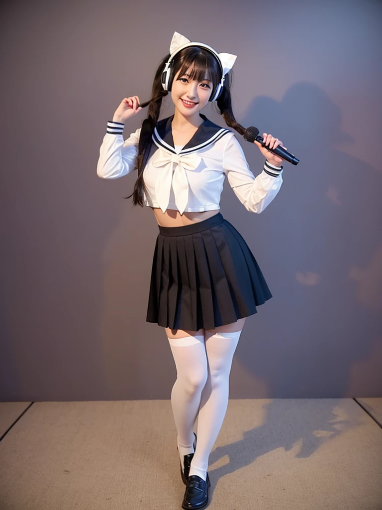 best quality, masterpiece, realistic, photorealistic, 1girl, solo, looking at viewer, smile, standing, full body, arms at side, cosplay, BLACK hair, twintails, hair ornament, very short hair, headphones, alternate costume, , sailor collar, shirt, long sleeves, necktie, skirt, pleated skirt, white thighhighs, loafers, simple background, Japanese women、24-years-old、The background is a pure white room、Singing on a microphone、bangs are long