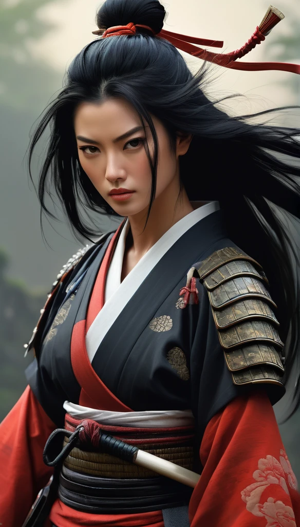 Samurai/warrior/samurai.A female warrior figure、The evil spirit of black hair shocks the painting of the extremely beautiful warrior, High-end, exquisite and beautiful figure paintings, , digital painting style, A beautiful artistic illustration, beautiful gorgeous digital art, (best quality,4K,8k,high resolution,masterpiece:1.2),super detailed,(actual,photoactual,photo-actual:1.37)