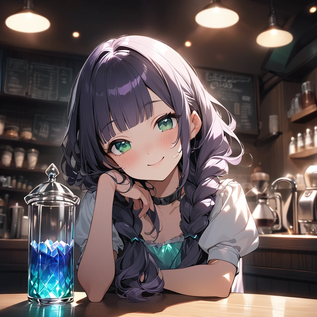(Cute a Crystal glass girl:1.5), (masterpiece:1.3), anime visual, (a gril with Body and face made of crystal glass, semi long twin braids wavy hair, pale purple blunt bangs hair, dark green eyes,smiling:1.3), (tilt head:1.3), extremely delicate face, realistic lighting and shading, The girl is wearing a jet black maid outfit, white brim, and apron dress, and is brewing coffee with a siphon in a retro coffee shop,