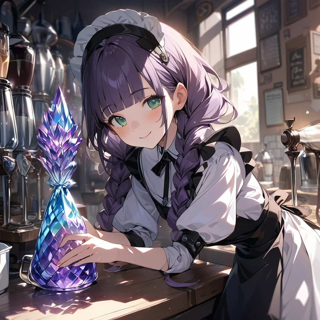(Cute a Crystal glass girl:1.5), (masterpiece:1.3), anime visual, (a gril with Body and face made of crystal glass, semi long twin braids wavy hair, pale purple blunt bangs hair, dark green eyes,smiling:1.3), (tilt head:1.3), extremely delicate face, realistic lighting and shading, The girl is wearing a jet black maid outfit, white brim, and apron dress, and is brewing coffee with a siphon in a retro coffee shop,