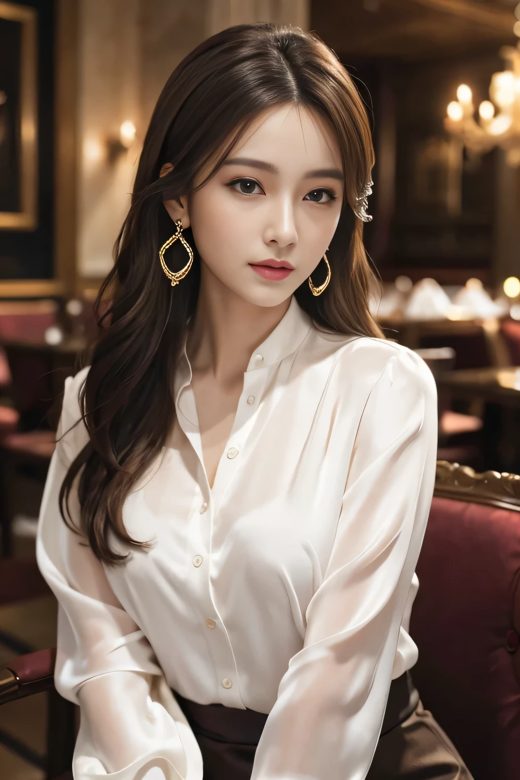 masterpiece, Highest quality, Realistic, Very detailed, Finer details, High resolution, 8k wallpaper, One beautiful woman, Wear an elegant silk shirt, In a great restaurant, At night, Light brown messy hair, Perfect dynamic composition, Beautiful and beautiful eyes、Big earrings、Sit on a chair、