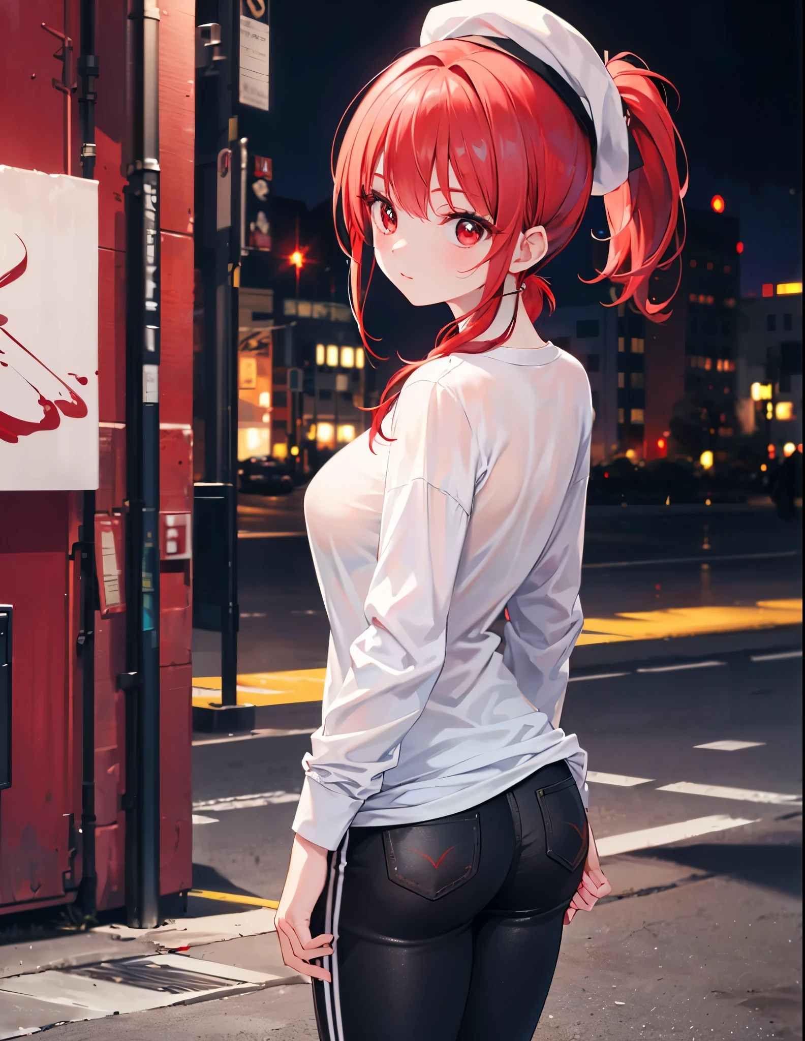(Close-up:1.3),Realistic,Highest quality, Ultra Detail, High-quality CG rendering, The most delicate and beautiful, Floating softly, High resolution, (1 girl), (Highest quality,4K,8K,masterpiece:1.2),(All red hair:1.5), (ponytail:1.5),(Red eyes:1.5),(Slightly larger breasts:1.2), (White oversized long sleeve T-shirt:1.3),(Black skinny pants:1.3),(Pure black cap:1.3),In the city,old buildings,(whole body:1.3),(White sneakers:1.2),(Turn your back to your audience:1.3),Butt