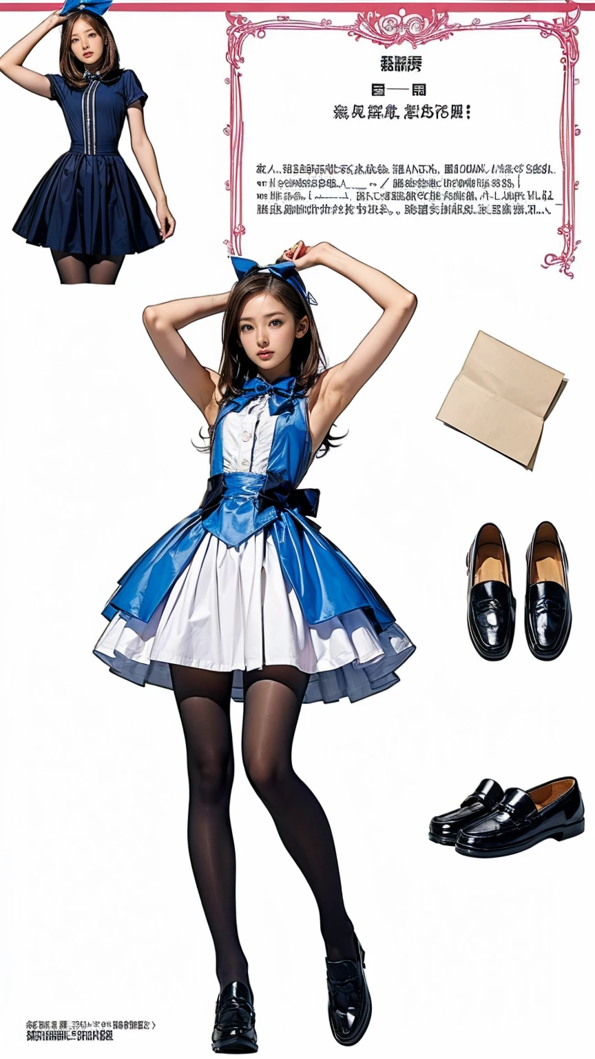 ((masterpiece)),(((Highest quality))),((Character design sheet)),Thin thighs,Long legs,((Alice in Wonderland, wearing a large ribbon on your head,, wear black tights,loafers))、15-year-old girl、(Raise your arms、Please show me your armpits:1.2)、(Droopy eyes:1.2), (Very slim:1.4)、