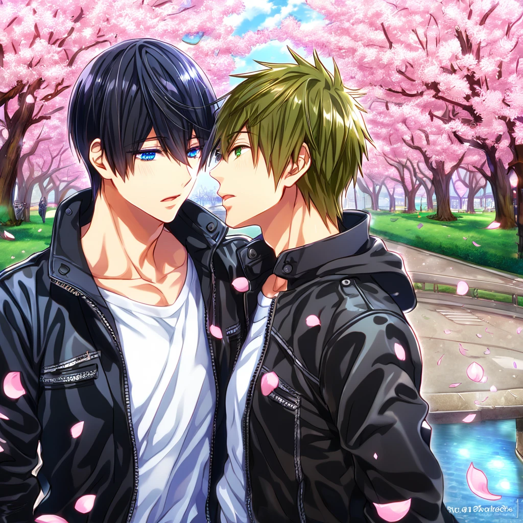 absurdres, highres, ultra detailed, HDR, master piece, best quality, Nanase Haruka, black hair, expressive blue eyes, Free!, Tachibana Makoto, brown hair, expressive green eyes, two sexy men together, gay couple, yaoi, handsome, black leather jacket, white shirt, fantasy, shining, park, pink flowers, pink blossoms, pink petals