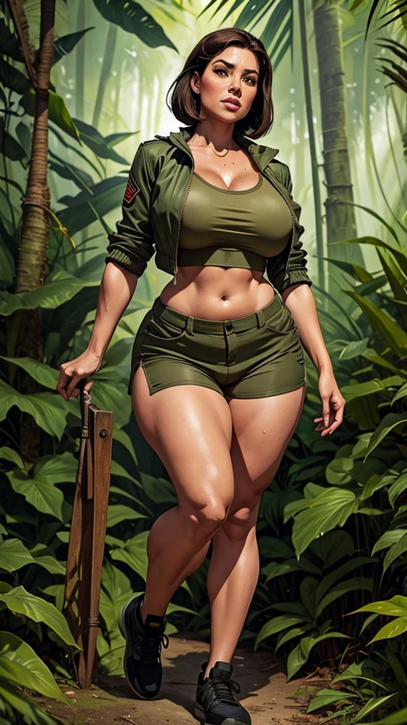 55 years old army woman, shorts, open jacket with crop top, attitude pose, voluptuous body, slim waist, large breasts, thick bust, thick thighs, full body, bob length hair, sweating, in jungle