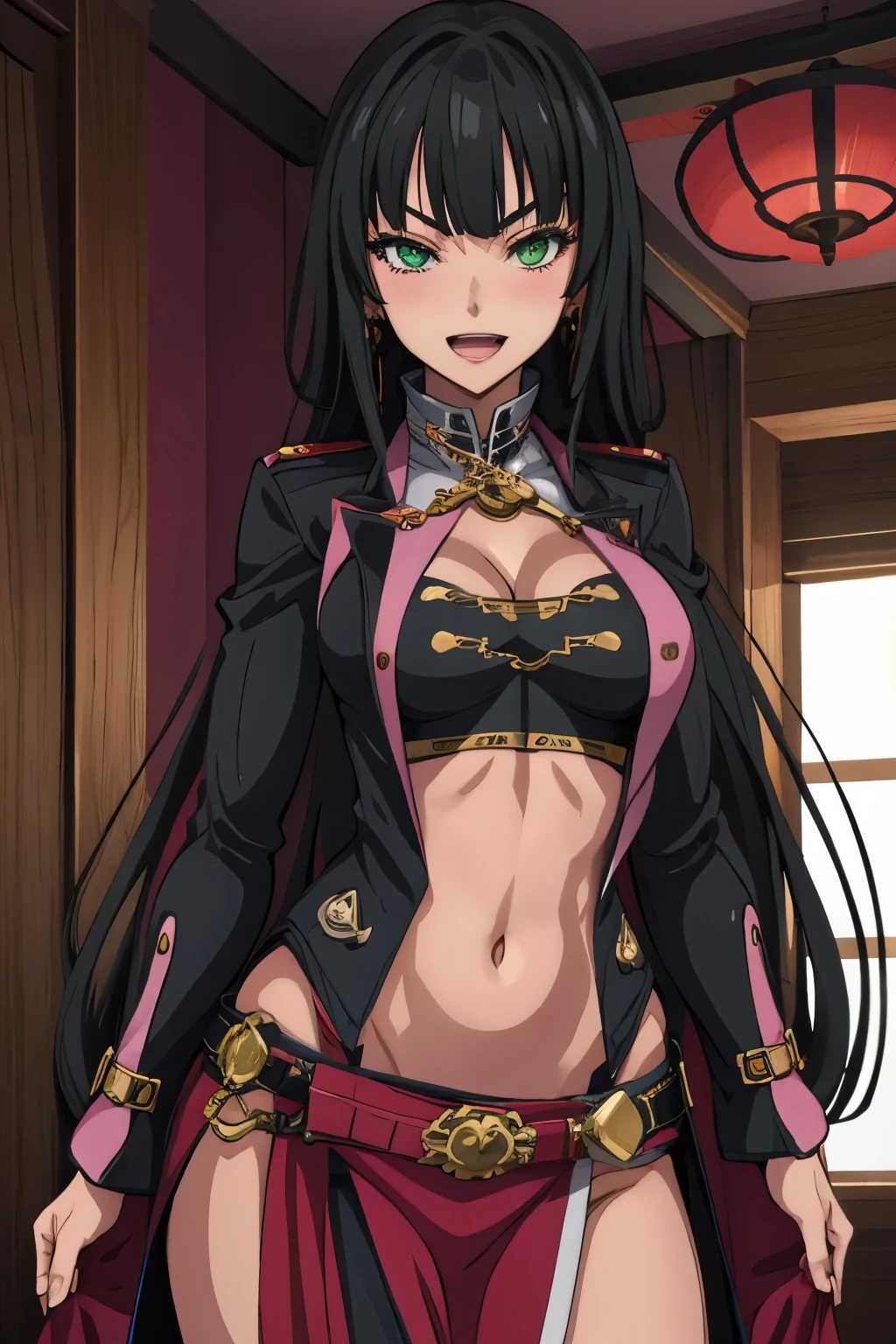  (1girl), (solo), 
Kilika Rouran, black hair, long hair, blunt bangs, hime cut, green eyes, medium breasts, jewelry, earrings, 
blush, lipstick, masterpiece, best quality, highly detailed, fantasy , a anime girls in armored dress holding a sword
posing for a picture, evil smile, smile, open mouth, breastplate with open cleavage, cleavage, warrior
outfit, ecchi anime style, anime girls, ecchi style, (nsfw) not safe for work, ecchi, digital anime art!!, in
anime style, official artwork, visual novel cg, beautiful anime girl, anime style 4 k , loincloth, exposed
belly, exposed navel, exposed midriff, exposed lower belly, pencil skirt armored, castle,inside castle