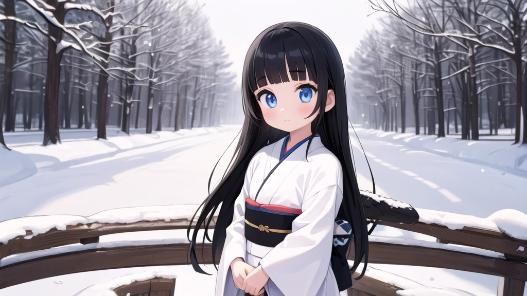One girl,cute,White kimono,Iris,Thick eyebrows,Long black hair,Blunt bangs,View your viewers,Snow Scene,