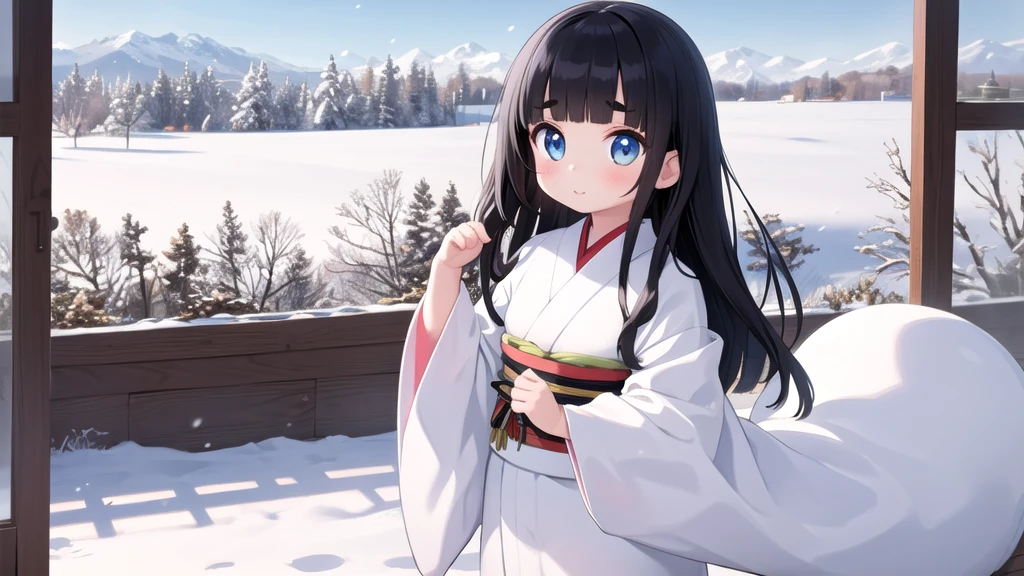 One girl,cute,White kimono,Iris,Thick eyebrows,Long black hair,Blunt bangs,View your viewers,Snow Scene,