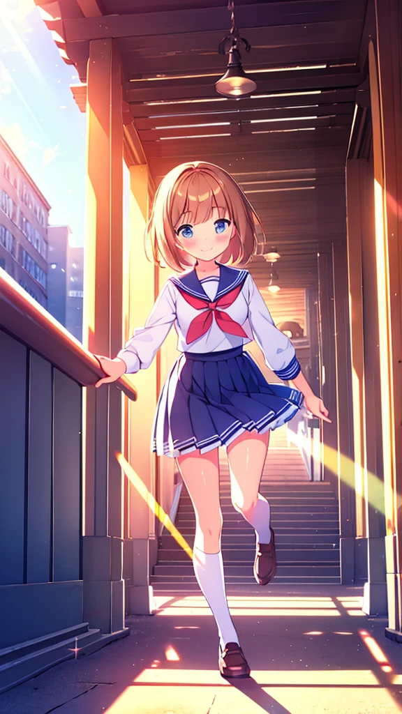 (Masterpiece), Best Quality, City, sunlight, light particles, Light rays, 1 girl, blush, SMILE, wide, sailor uniform full body ray tracing